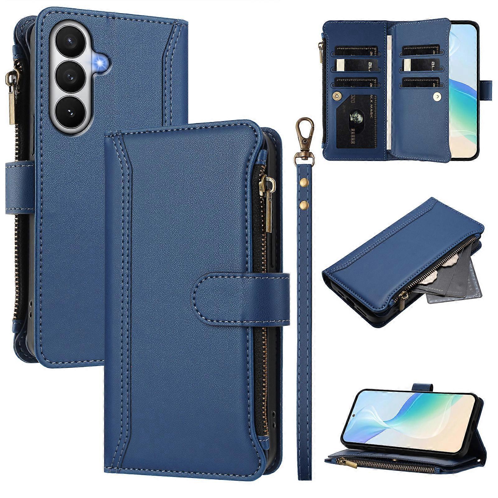 Capa de couro compatível com Samsung Galaxy S26 Pro, 9 compartimentos para cartões, com zíper, suporte para carteira, capa para celular com alça de pulso