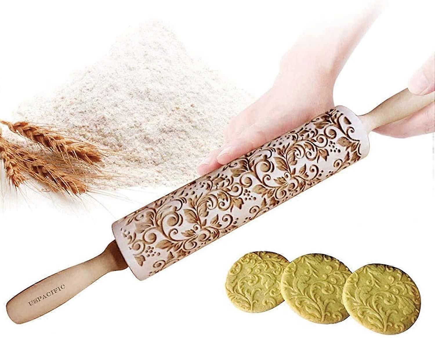 Embossing Rolling Pin, Flower Pattern Wooden Laser Engraved Embossed Printing Rolling Pin DIY Tool for Homemade or Christmas Cookies