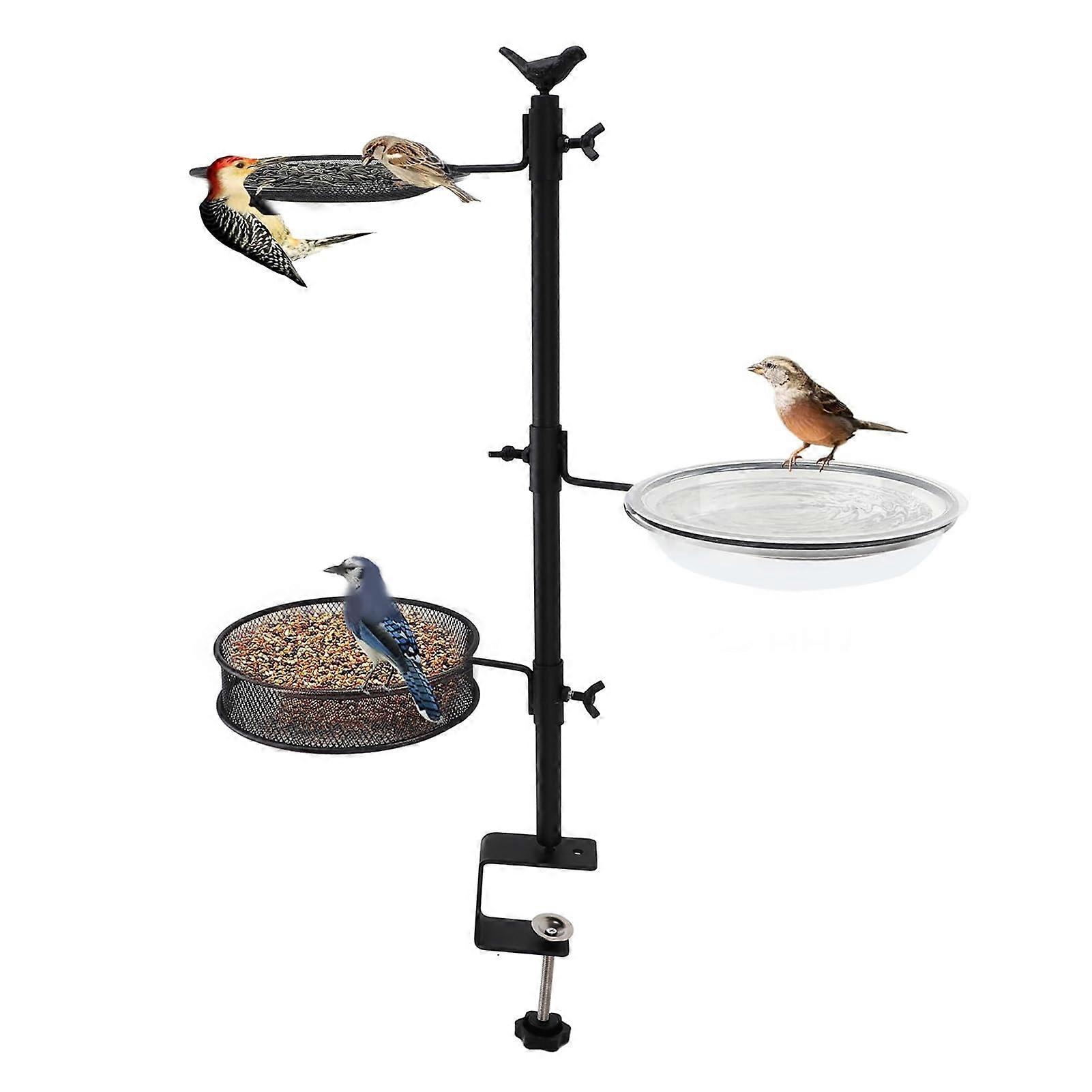 Deck Bird Feeder with Metal Stand, Dual Seed Trays and Water Bowl, Clamp Mount for Balcony Garden Bird Watching
