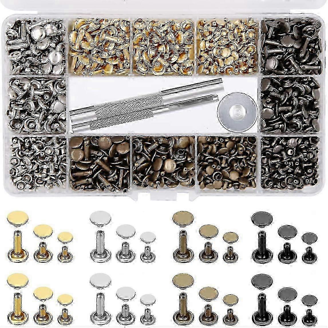 484pcs Leather Rivets Double Cap Rivets Tube Metal Rivets 3 Sizes with Punch Pliers and 3 Part Setting Tool
