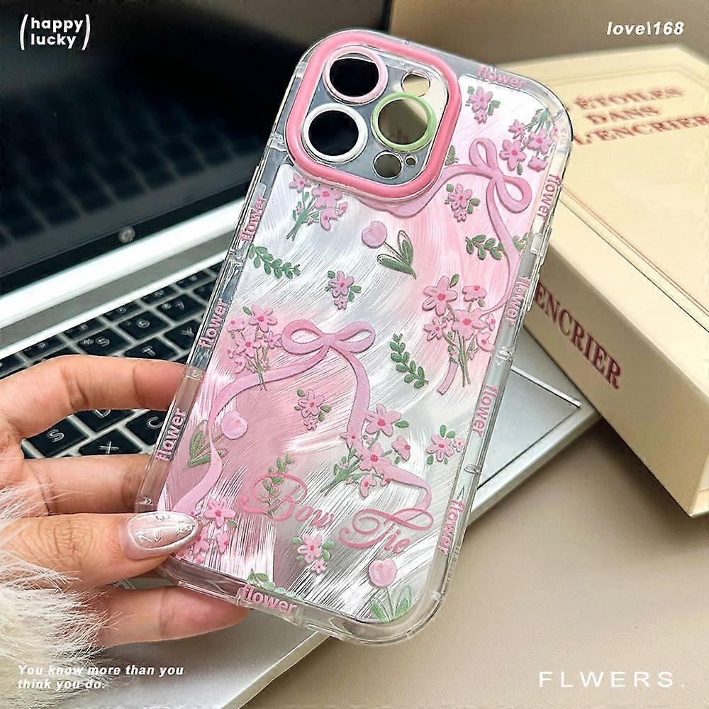 Compatible with Apple 16PM pink frame phone case, iPhone 13 Pro bow floral protective case, full coverage.