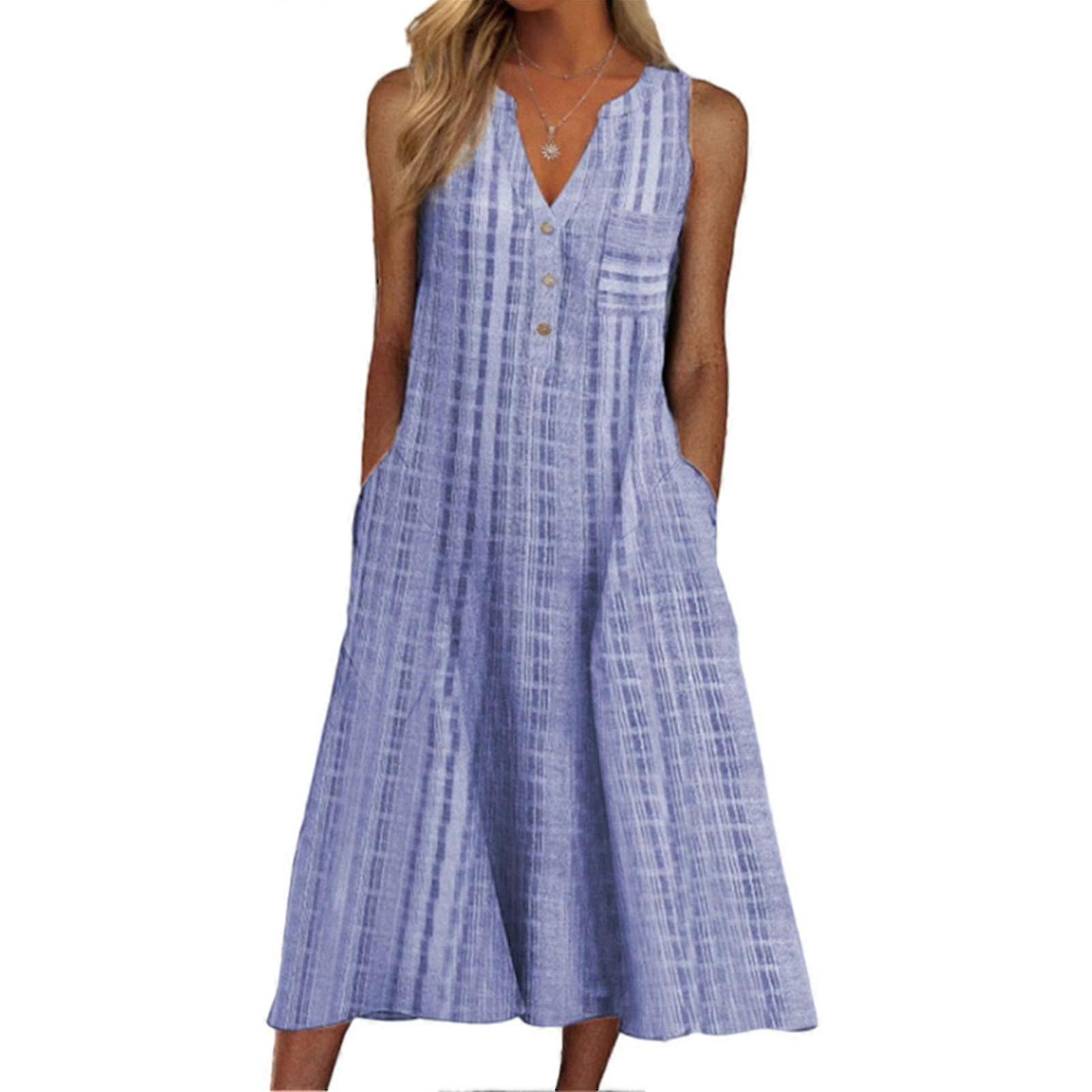 Vestido Midi Casual de Verão Sem Mangas com Bolsos - Estilo Botão