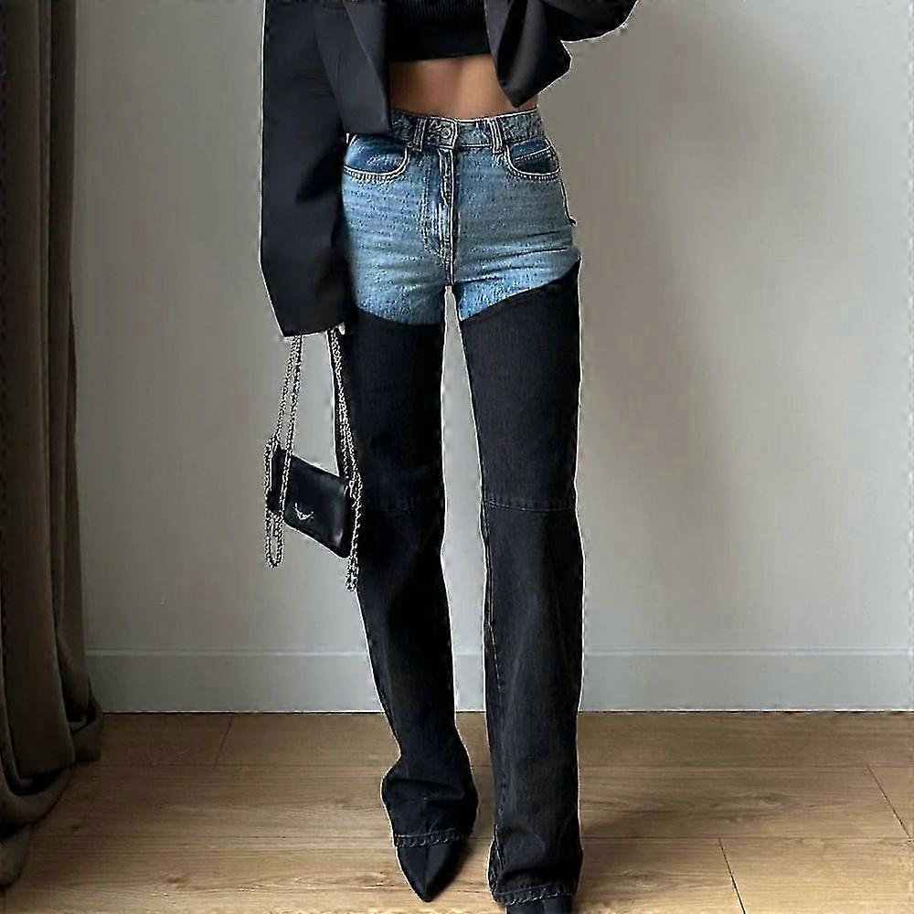 Women's Ripped Denim Pants with High Waist and Color Block Design