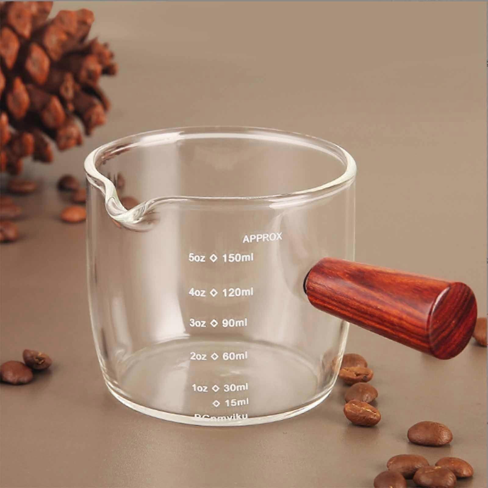 Quinlirra 1 Pcs Espresso Cups with Wood Handle, Double Spout Glass Measuring Cup with Dual Scale, Compatible with Espresso Machines