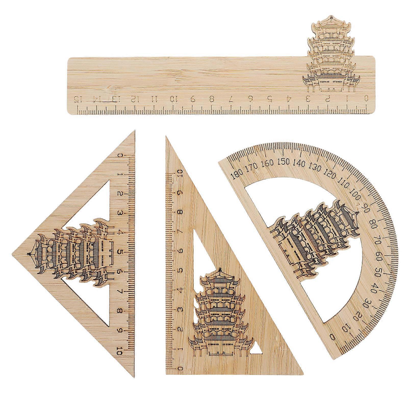 4Pcs Bamboo Ruler Kit for Geometry Measuring with Chinese Crane Design