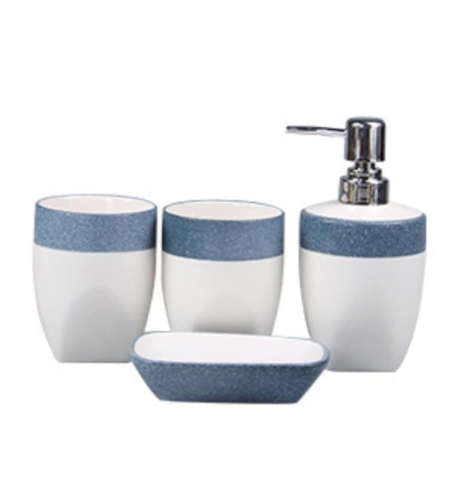 Bathroom Accessories Set Ceramic 4Piece with Dispenser Dish Cups Elegant Coastal Design