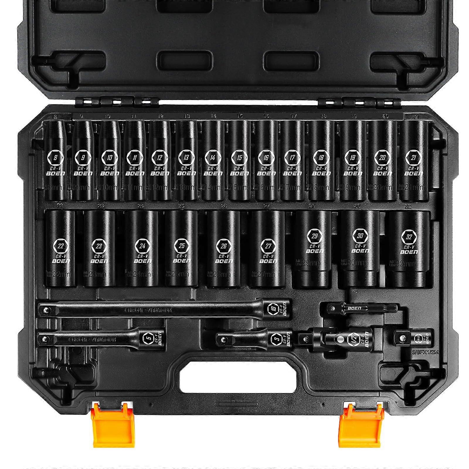 1/2 Inch Drive Metric Deep Impact Socket Set 832mm CRV Steel 29PCS  Torque with Case