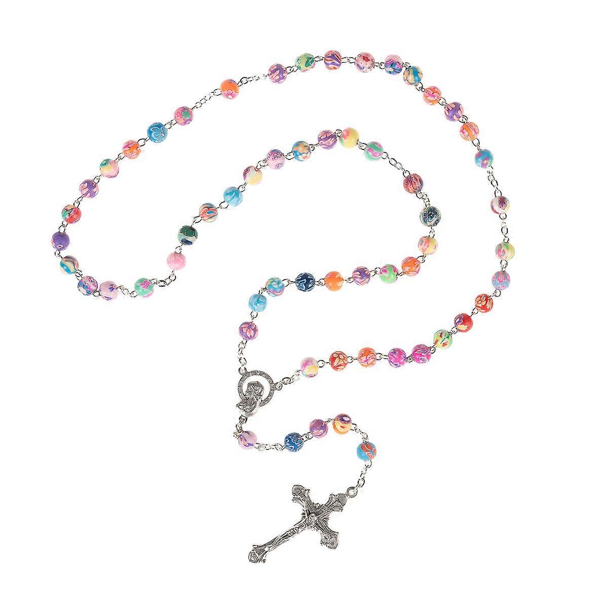 Multi-Colored Clay Bead Rosary Polymer Clay Cross Necklace