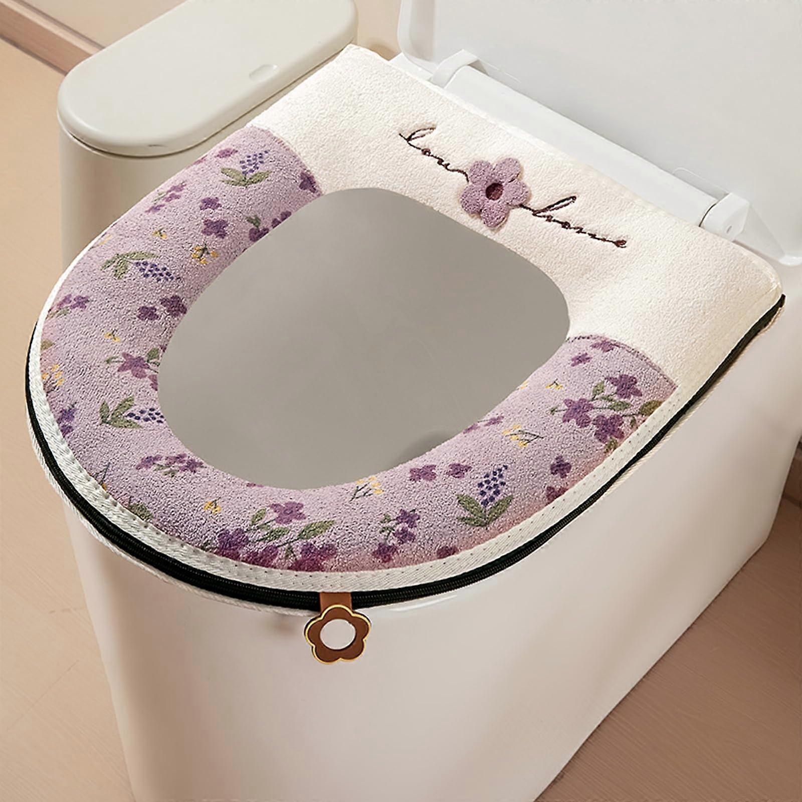 Plush Toilet Seat Cover with Handle and Zipper, Soft Full Wrap Warm Washable Violet for Winter