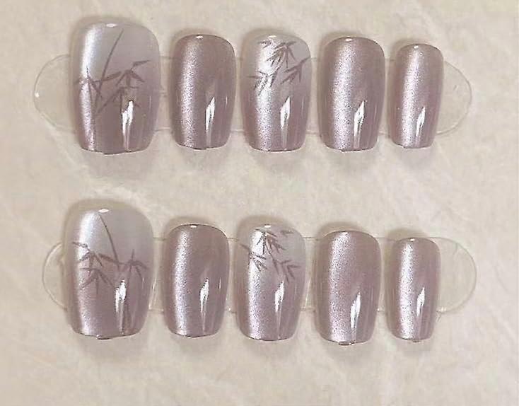 Metallic Rose Gold Press On Nails with Bamboo Design, Reusable Square Tips False Nails, 10pcs S