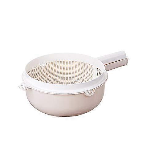 Double Layer Rice Washing Basket with Handle and Lid Plastic Vegetable Strainer Colander White