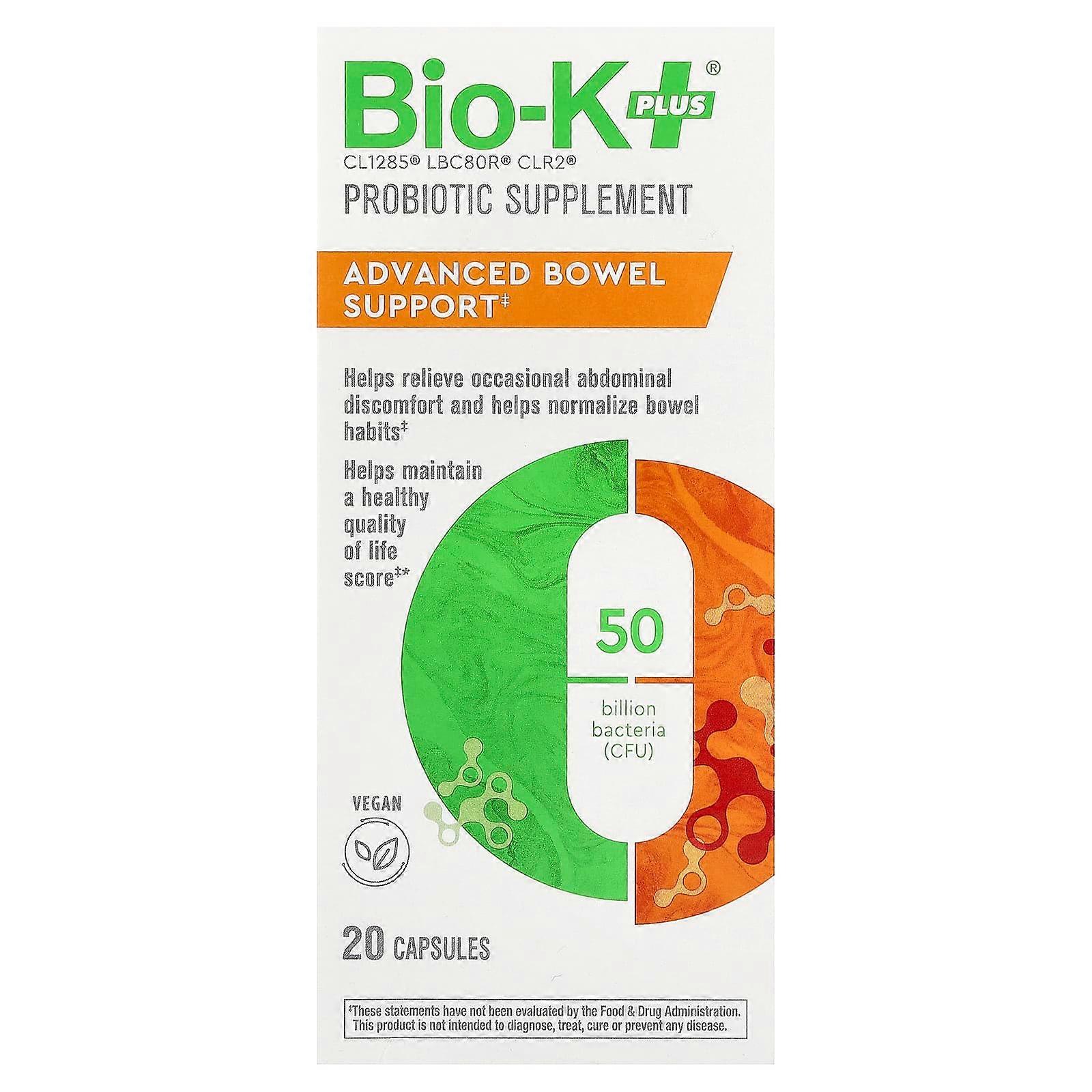 Bio-K+, Probiotic Supplement, Advanced Bowel Support, 20 Capsules