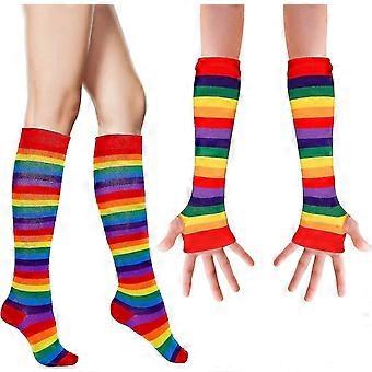 Arcobaleno A Righe Braccio Gamba Calzini Set Lungo Maglia Sopra Il Ginocchio Coscia Calzini Calzini Calzini Scaldamani Senza Dita Elastici Accessori Cosplay Halloween Natale Y