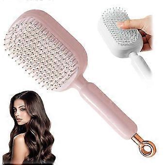 Cepillo desenredante autolimpiante con puntas para masajear el cuero cabelludo, peine antiestático para todo tipo de cabello (rosa)