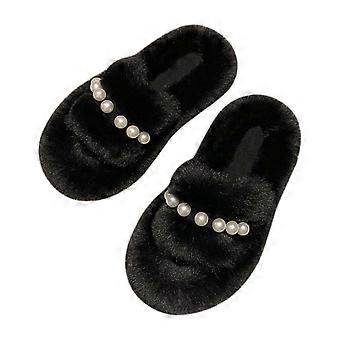 Damesslippers met pluizige details, versierd met imitatieparels, antislip rubberen zool, huidvriendelijk zacht pluche, ergonomische hak voor binnen en buiten in de winter.