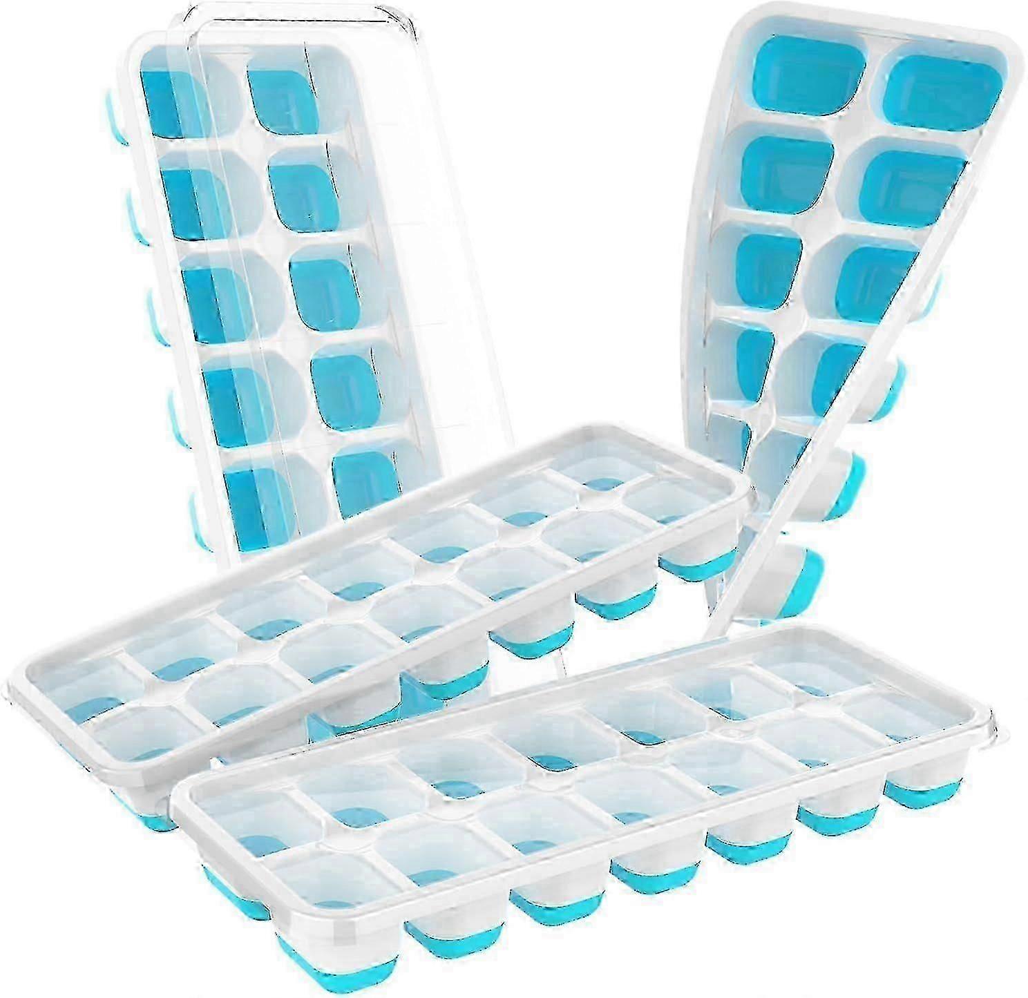 4 Pack Stackable Ice Cube Trays with Lids, Durable & Easy-Release for Freezer - Blue