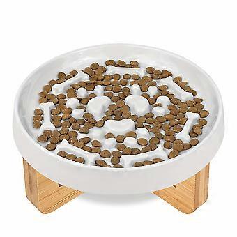 Anti-Choke Raised Ceramic Dog Bowl with Wooden Stand, Wide-Opening Puzzle Feeder for Cats and Small Dogs, Mess-Free Elevated Pet Bowl