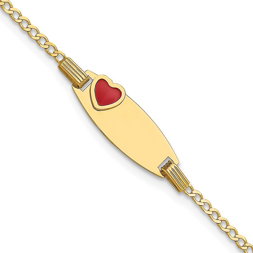14k Solid Yellow Gold Polished ID With Red Enameled Love Heart Bracelet 5.5mm Wide 5.5 Inch Identification-Bracelet