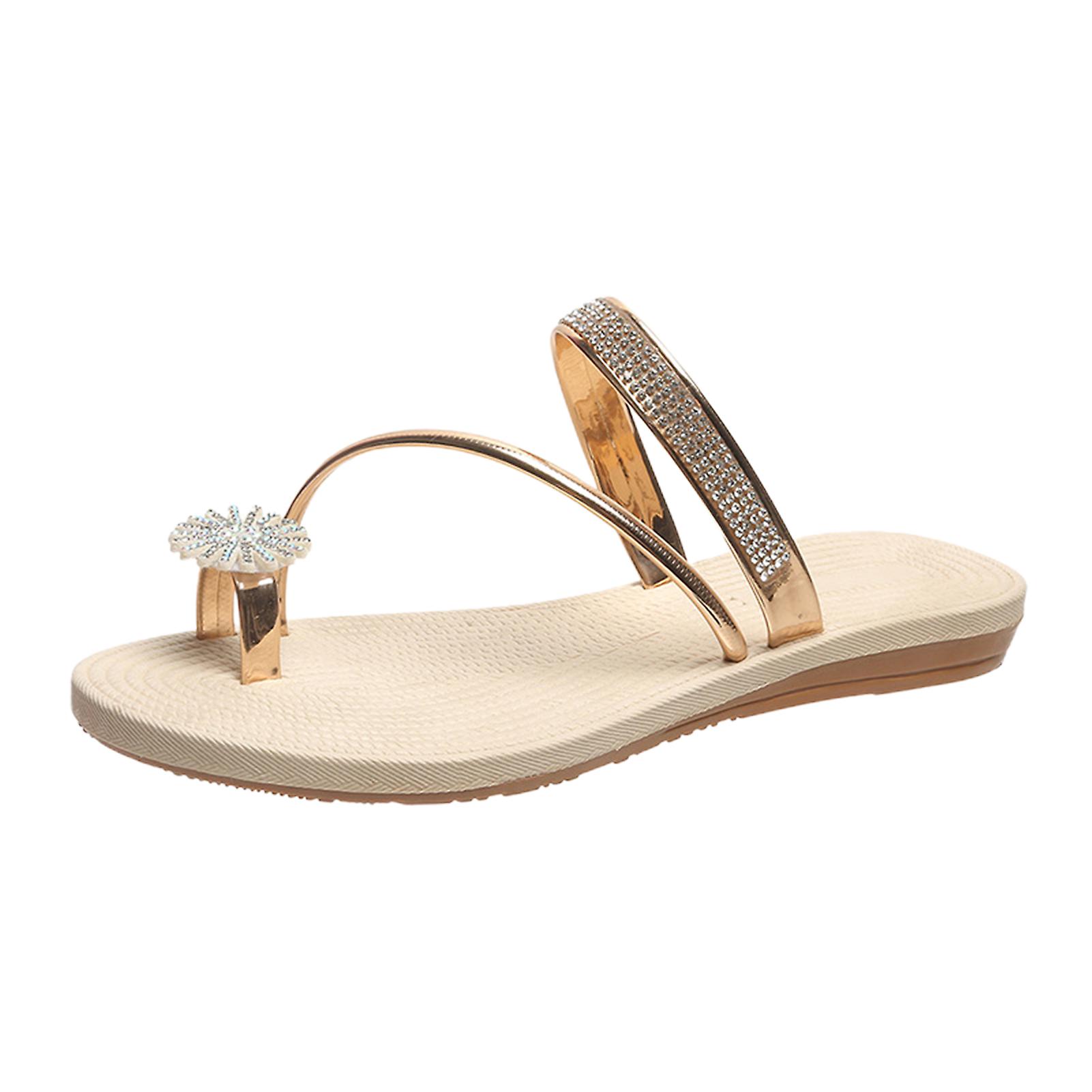Femmes Sandales Plates Mode Strass Fleurs Pantoufles Peep Toe Flip Flops