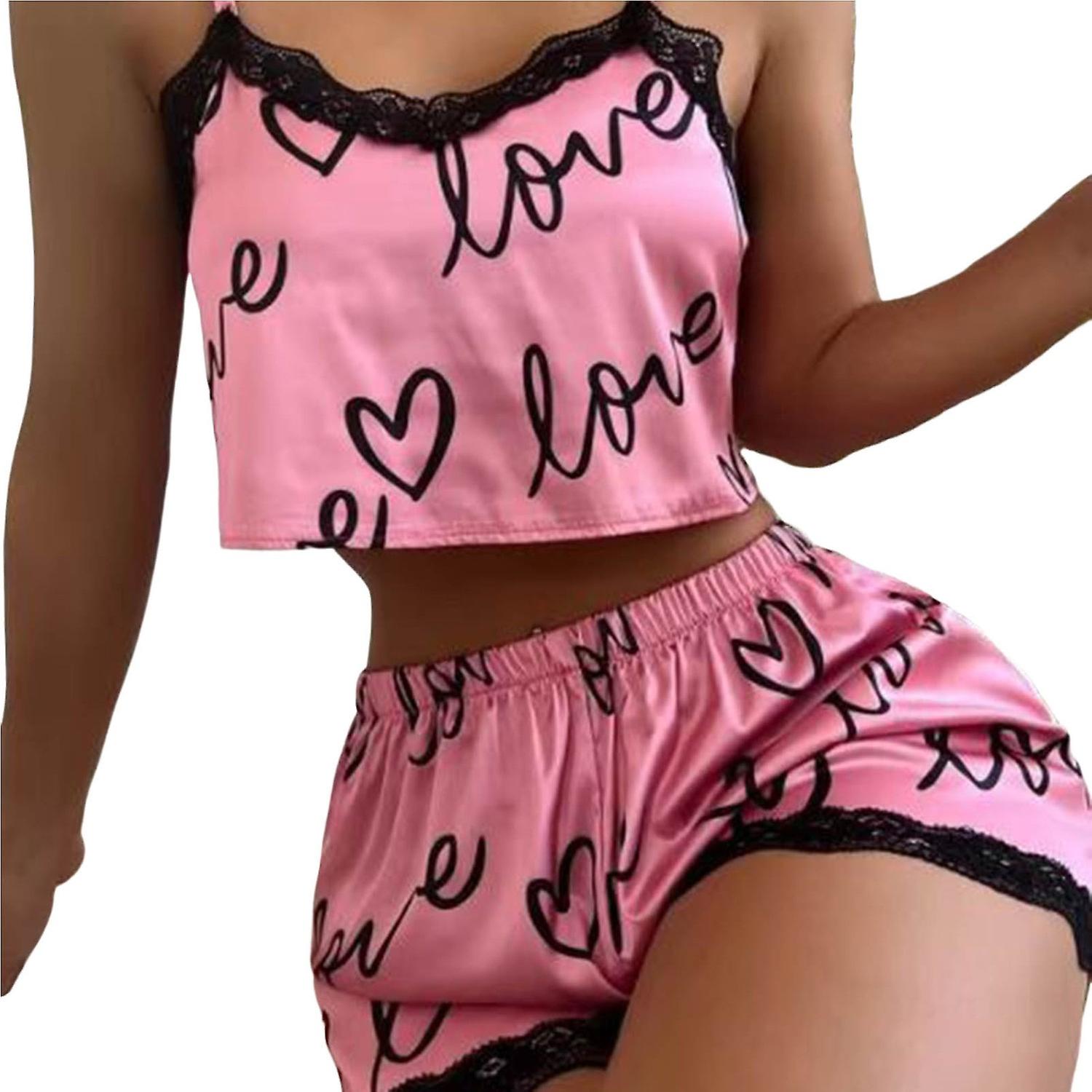 1 Set Camisole Shorts Bokstavstryck Spets Stitching Nattkläder Kvinnlig Spaghetti Strap Backless Sleepwea