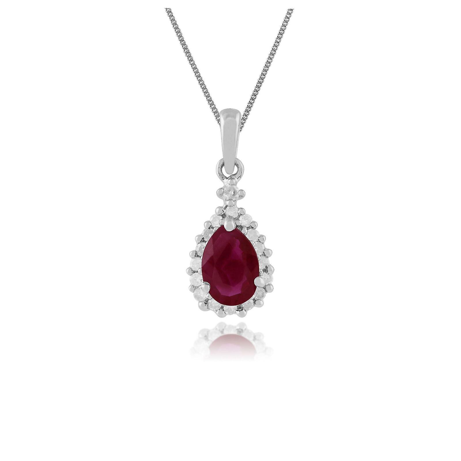 Classic Pear Ruby & Diamond Cluster Pendant Necklace in 9ct White Gold 135P0565069