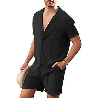 Men Plain Short Sleeve Button Up Shirt Tops + Shorts Casual Outfits Set Summer Beach