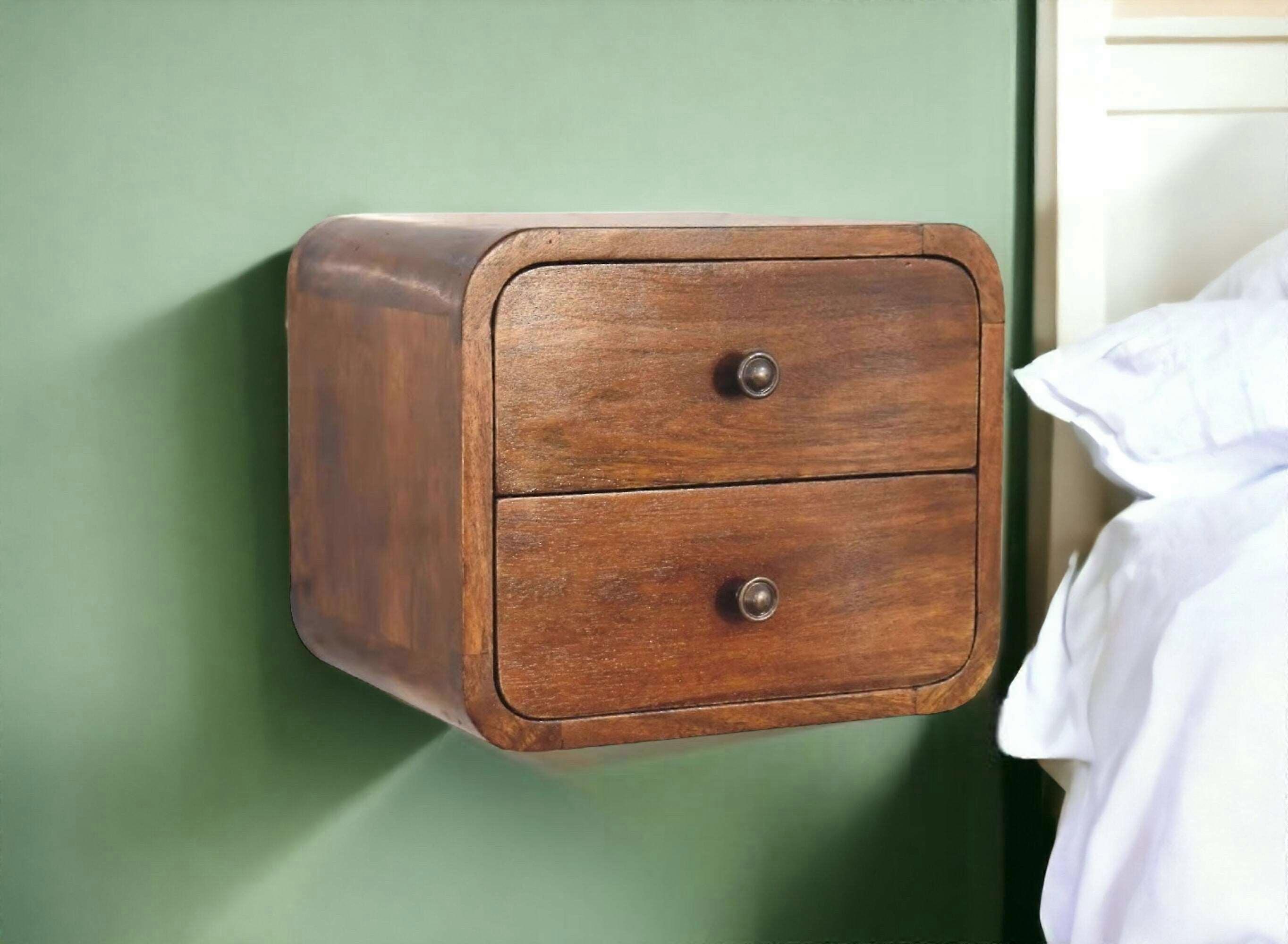 Small Curved Wall Bedside Unit With 2 Drawers In Dark Finish