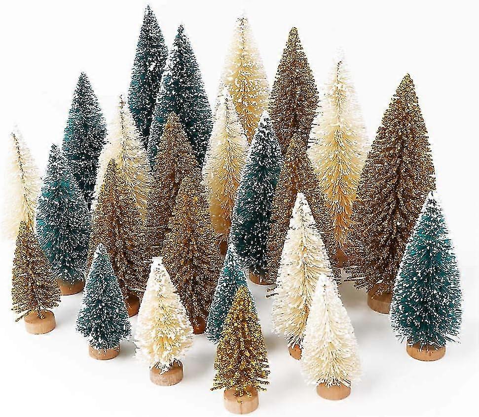 24pcs Artificial Mini Christmas Trees, Upgrade Sisal Trees With Wood Base Bottle Brush Trees For Christmas Table Top Decor Winter Crafts Ornaments Gre