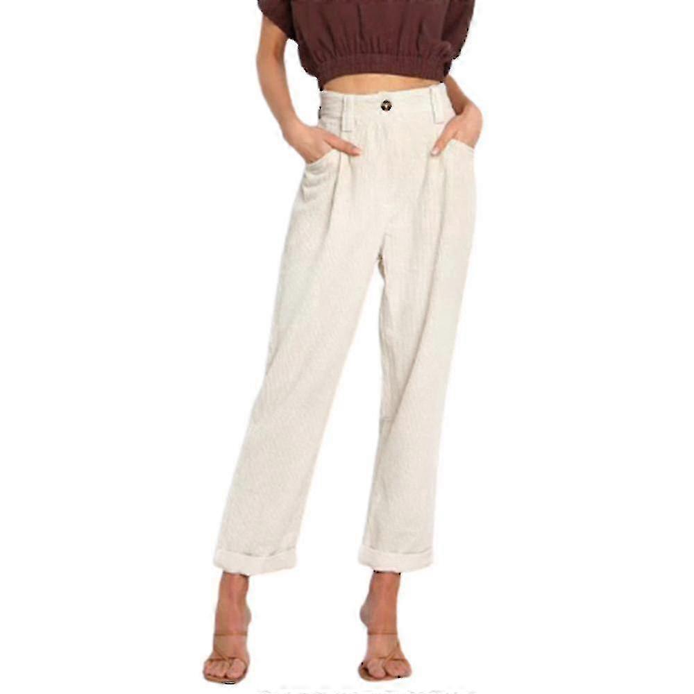 Womens 솔리드 하이 웨이스트 코듀로이 바지 포켓 헐렁한 스트레이트 레그 바지