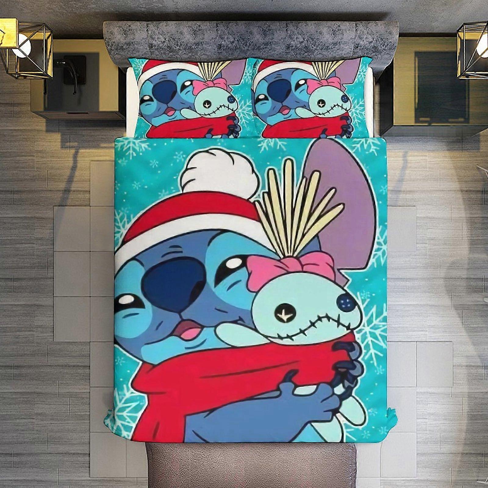 v3421 Lençóis Roupa de Cama Feliz Navidad Stitch 3 Peças Conjunto de Capa de Edredom Tamanho Completo Super Macio Resistente ao Desbotamento Microfibra 1 Capa com Zíper e 2 Pillo