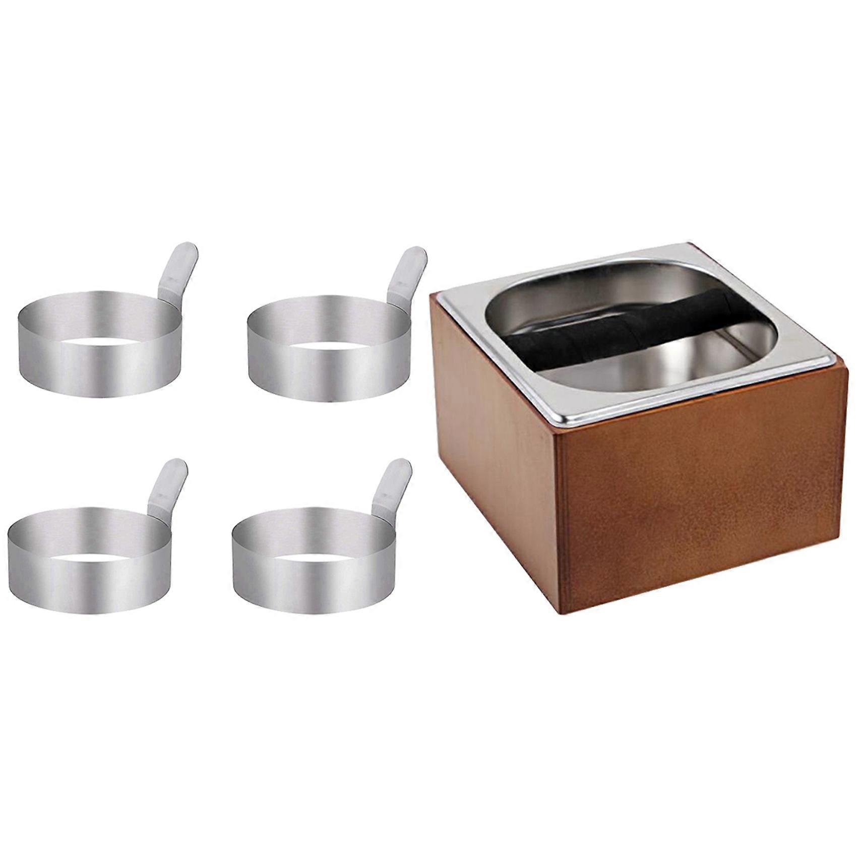 4 Pcs Egg Frying Rings Stainless Steel Omelette Model with Handle S & 1 Pcs Wood Coffee Grounds Con