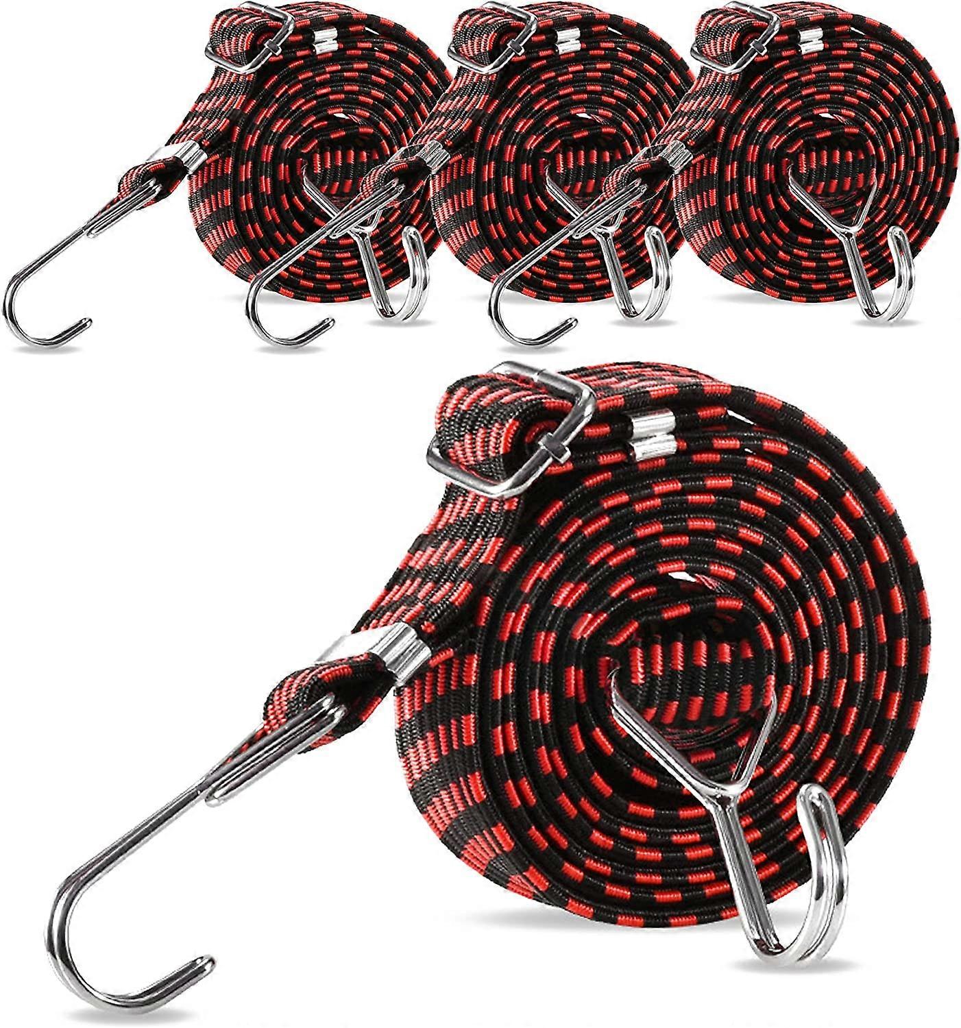Bungee Cords with Adjustable Hooks - Elastic 4 Pack 1M Heavy Duty Cord Flat Bungee Straps for Bicycle Racks Camping Tent Car Roof Rack Mounts4pcs-blac