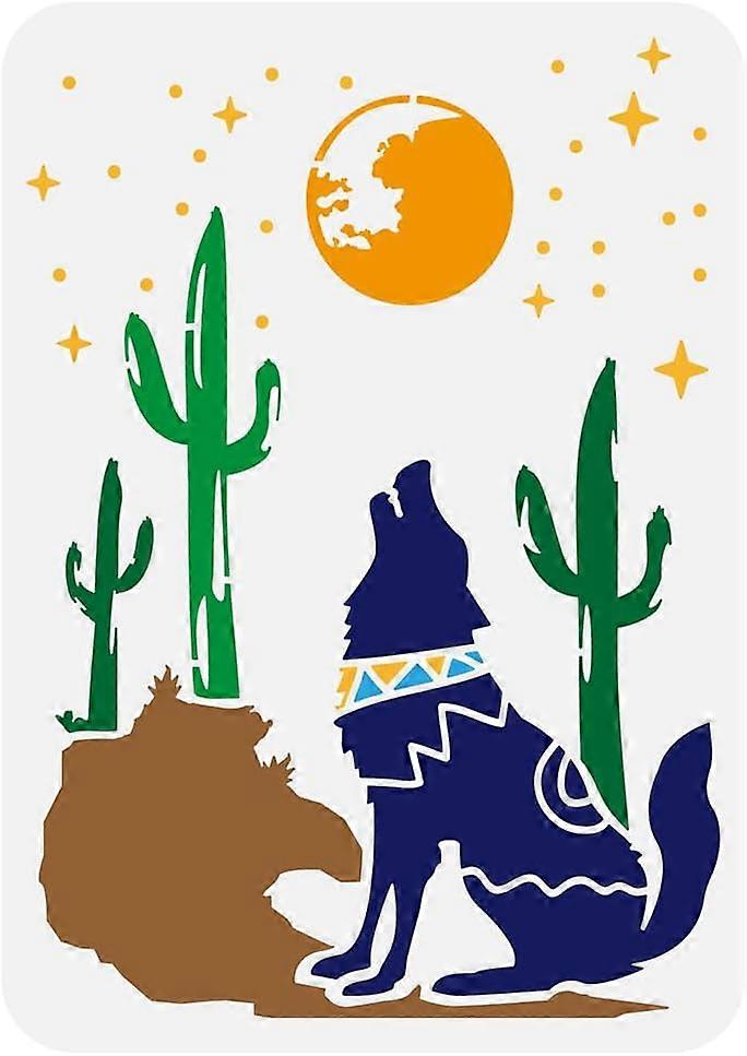 Howling Wolf Painting Large Stencil 8.3x11.7Inch Reusable Boho Wolf Pattern Drawing Big Stencil Moon Coyote Cactus Spraying Stencil Wolves of The West