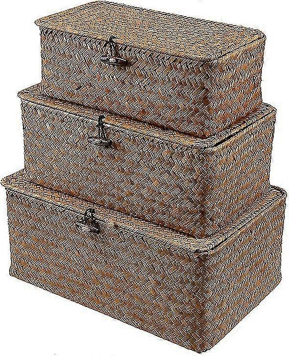 蓋とボタン付き3個の織り収納チェスト手織り籐デスクトップ収納バスケットサイズS、M、L-yujia