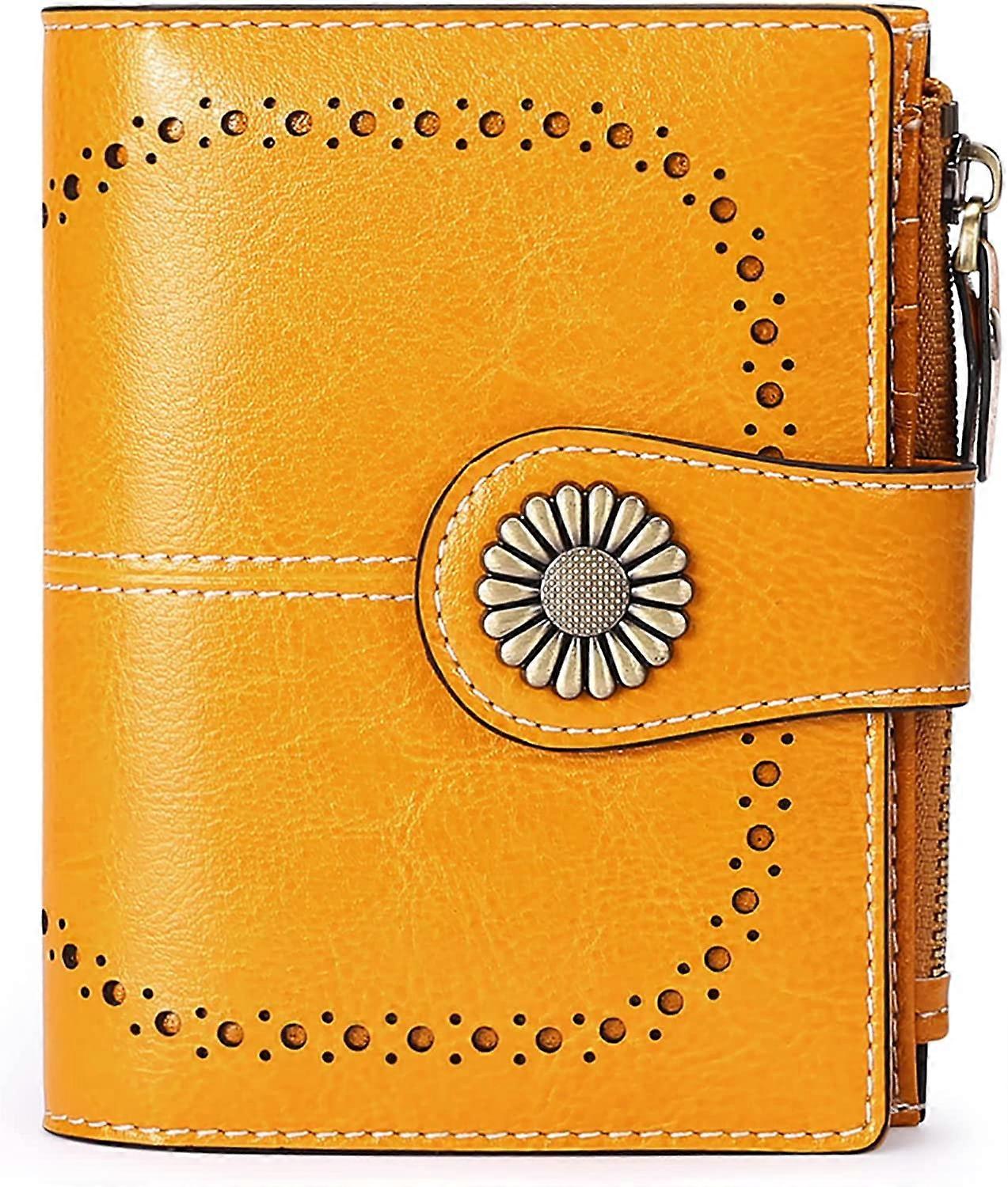 Ladies Wallet Leather Coin Purse Ladies Short Card Holder Ladies Zipper Wallet RFID Blocking Wallet(Yellow)
