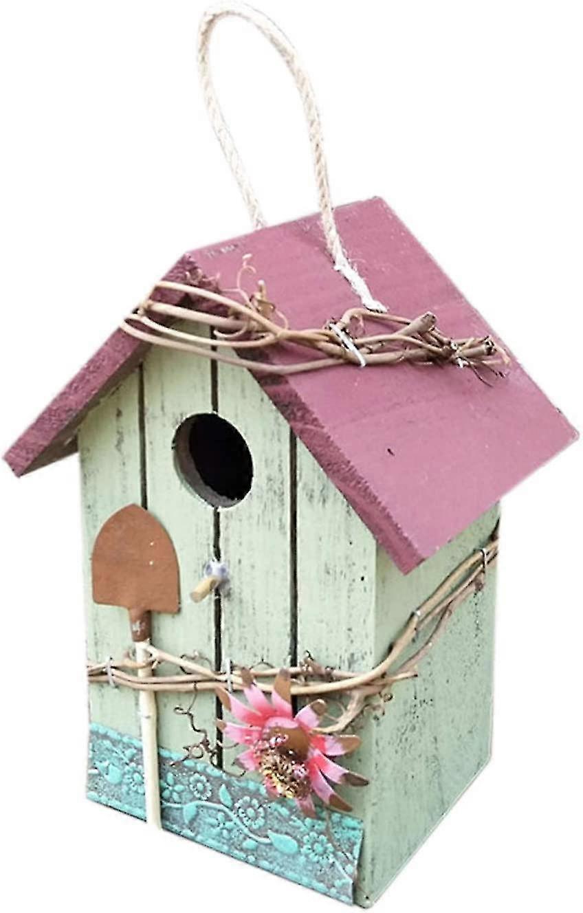 Rustic Hanging Wooden Birdhouse With Vertical Red Roof