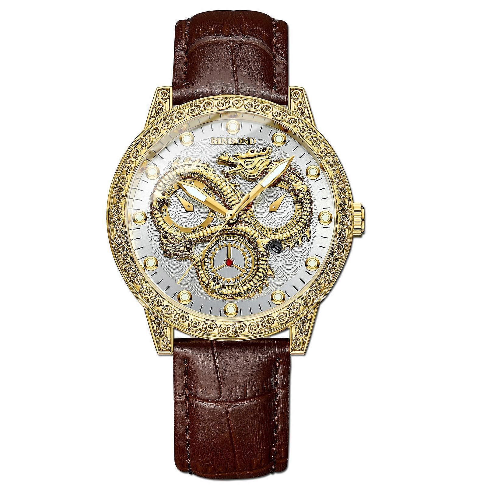 BINBOND B3030 Watch Brown Leather-Full-gold-White