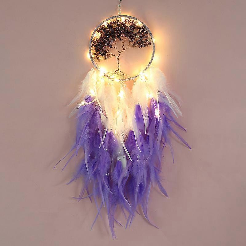 With Light-Dreamcatcher Wall Hanging Handmade Crystal Dreamcatcher Circular Tree of Life With Feathers Home Decor Traditional Bohemian Home Decor Craf