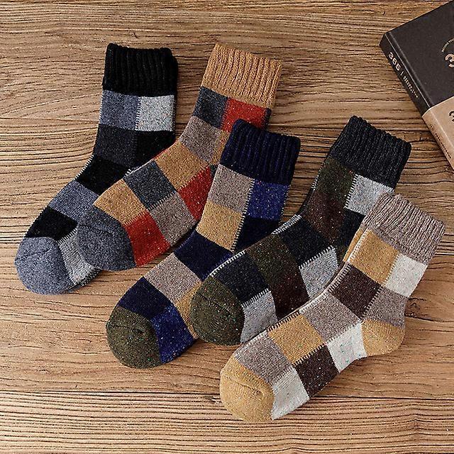 冬の暖かいメンズウールソックス超厚手ソリッドソックス原宿レトロチェック柄メリノウールソックス寒い雪に対するテリーソックス5ペア-A2,39-46