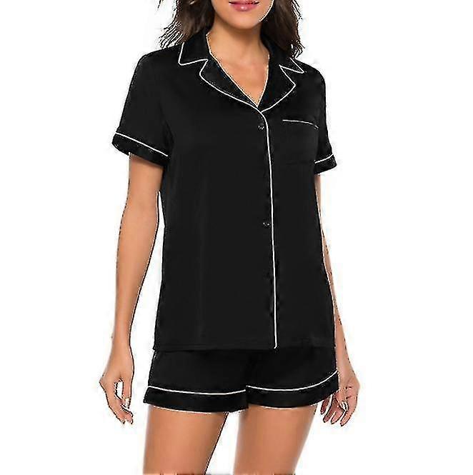 Dam Silk Satin Pyjamas Kortärmad Loungewear Tvådelade sömnkläder Button-down Pj Set-svart