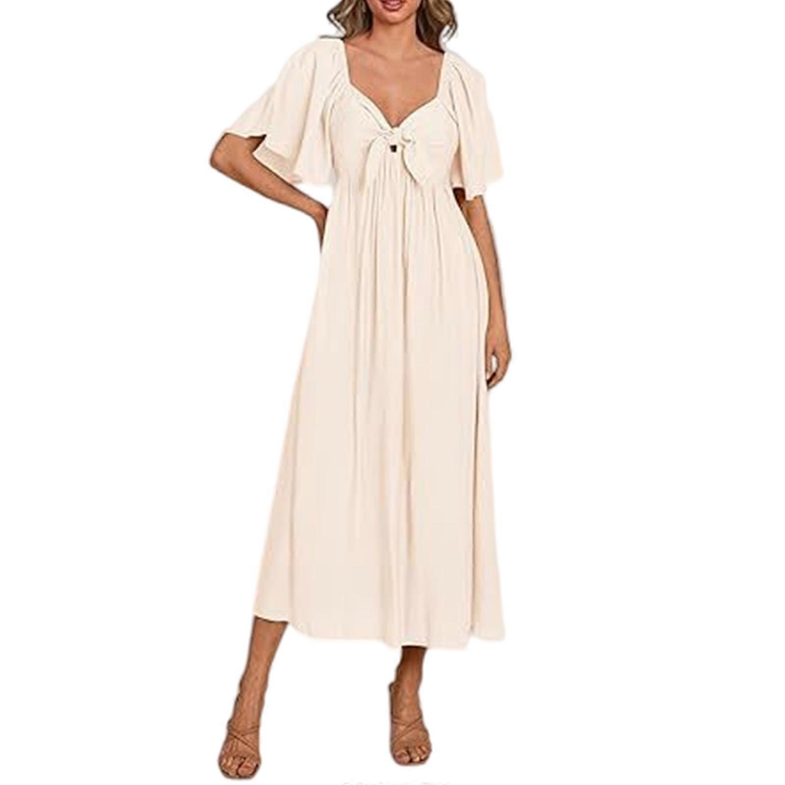 Summer Dress for Women Flattering Ruffle Short Sleeve V Neck Casual Midi  Dress Perfect for Any Occasion apricot XL