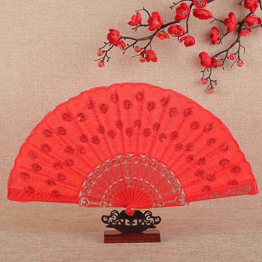 Plastic Handle Hand Fan Chinese Style Folding Fan High Quality Peacock Dancing Fan
