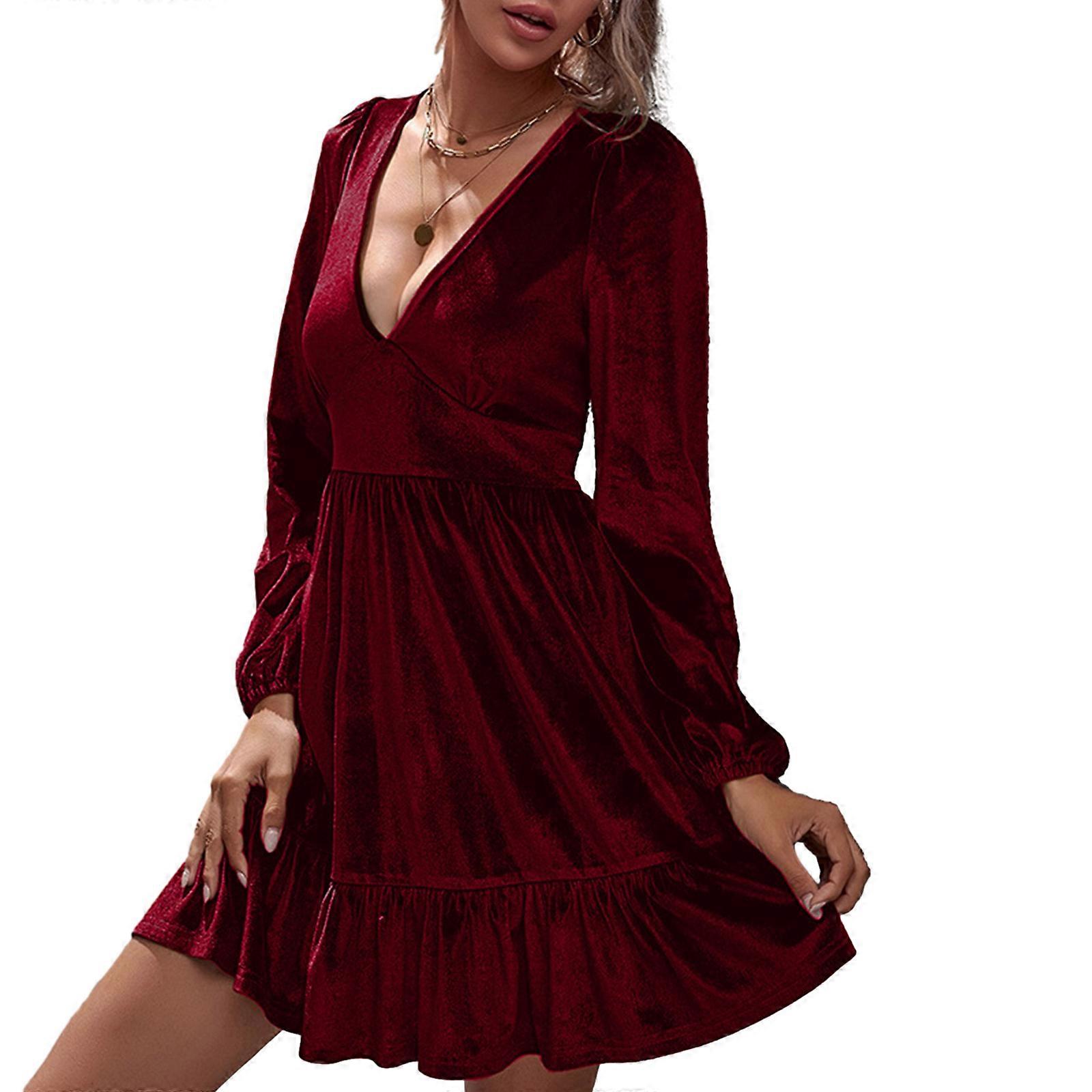 Bayan Vintage Puf Uzun Kollu Seksi Derin V-Yaka Yüksek Bel Midi Elbise Fırfır Flared Hem A-Line Slim Fit Salıncak Elbiseler Bordo XS