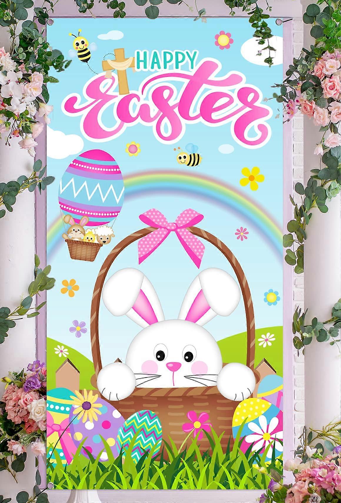 Large Fabric Rabbit Door Drape for Easter - Indoor/Outdoor Hanging Decoration, 72x36 Inches, Colorful Design