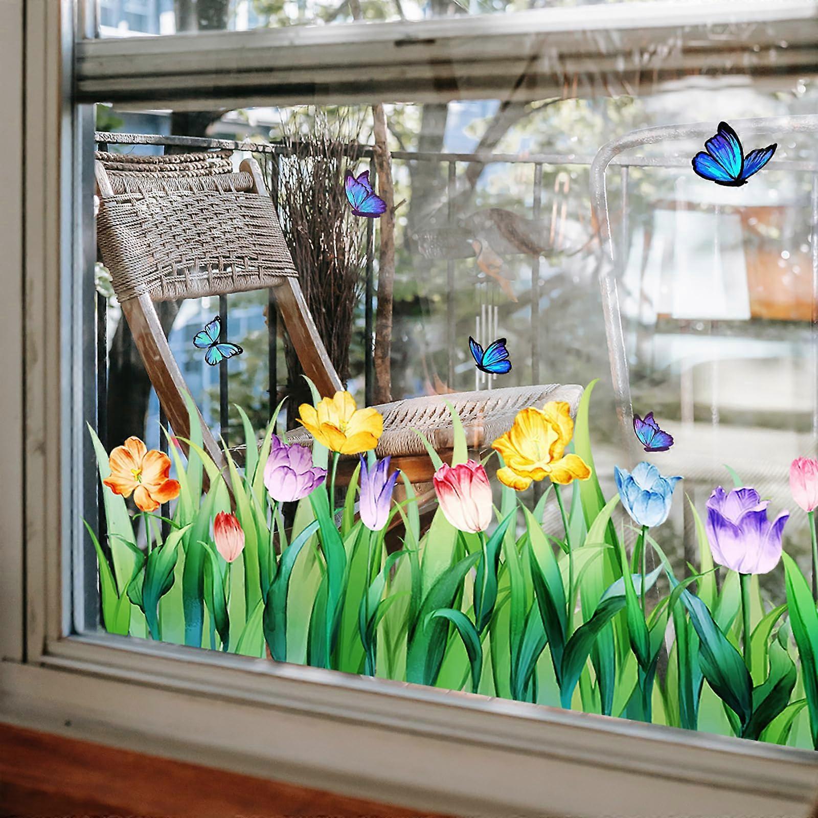 Flower Window Clings - Reusable Colorful Tulip and Butterfly Stickers for Glass Windows, Double-Sided Static Floral Decor