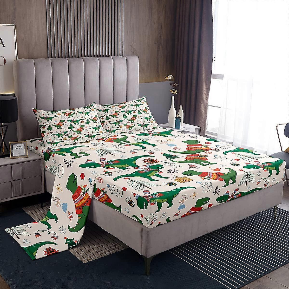 Christmas Sheet Set for Kids Full Size 4Pcs Cartoon Dinosaur and Snowman Design with Deep Pocket Fitted Sheet Bedding Set