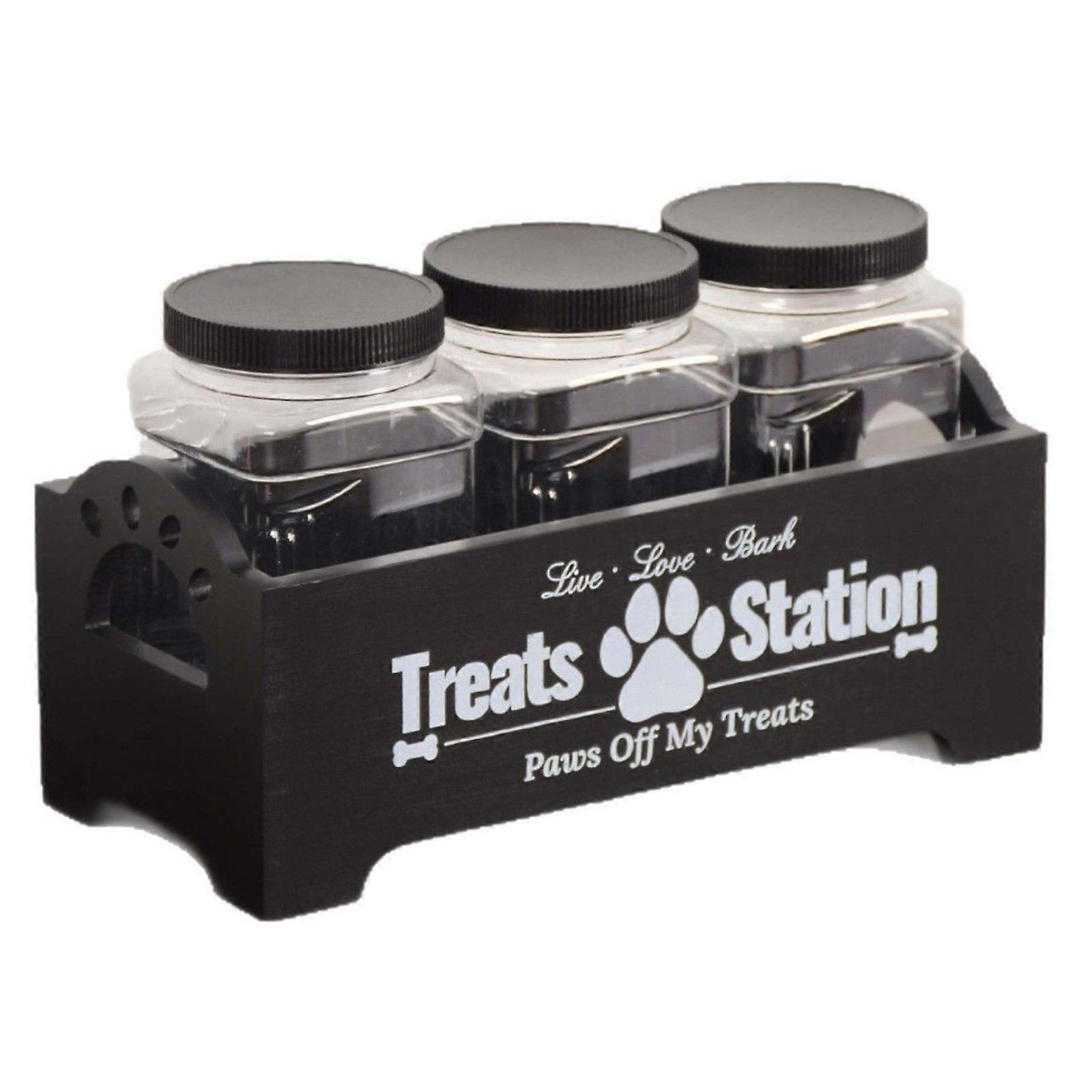 1pc Solid Wood Pet Snack Storage Box Black Three Can Storage Box