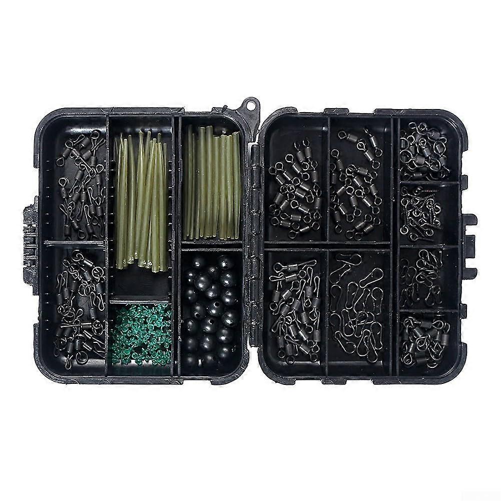 Reliable and compact carp fishing equipment set, 300 pieces weights, clip hooks, swivels, terminal rigs hooks, snap fasteners, black case