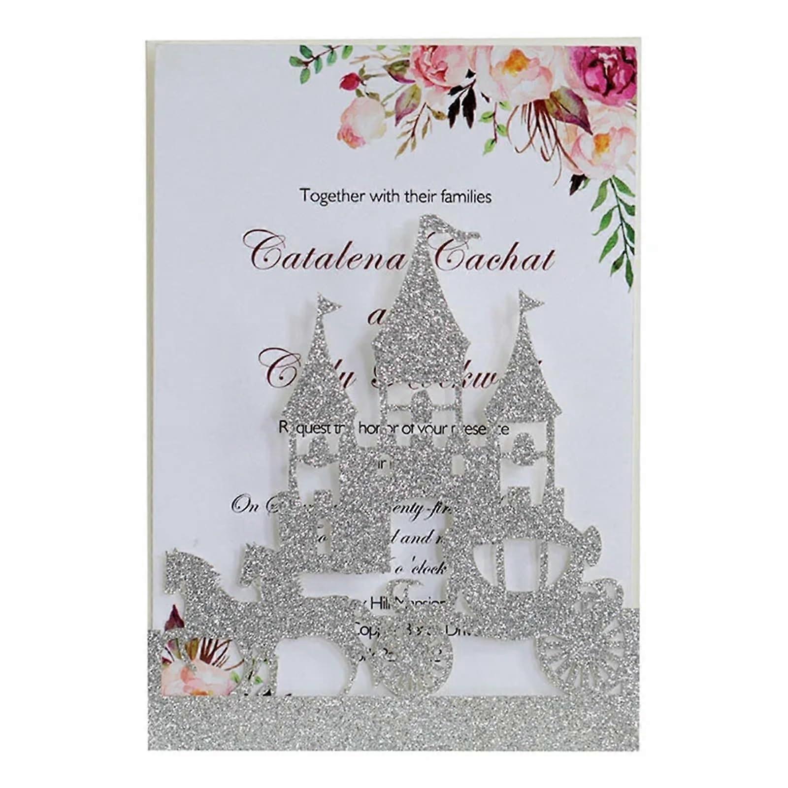 Laser Cut Carriage Castle Glitter Wedding invitation card Silver Red Luxury