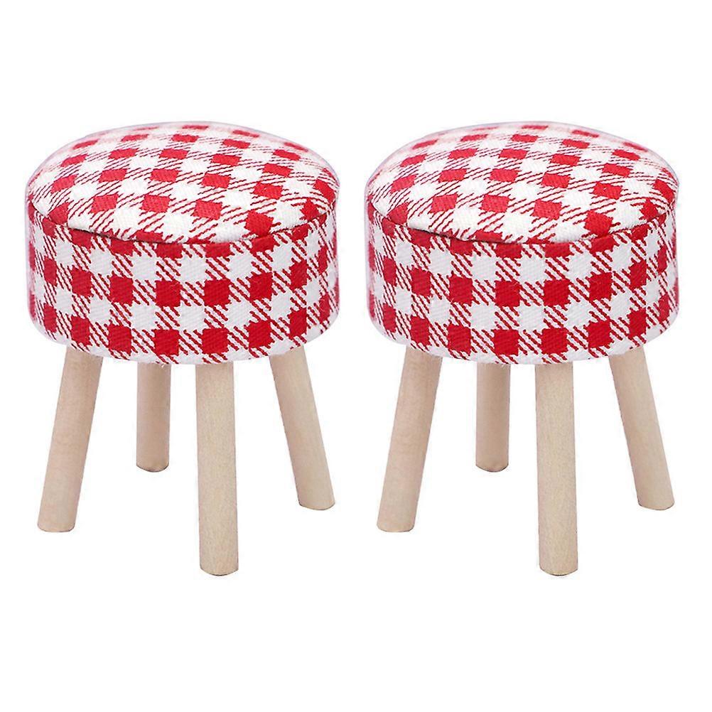 Miniature Furniture For Dollhouse Red Plaid Wood Stool Micro Scene Decoration 2Pcs